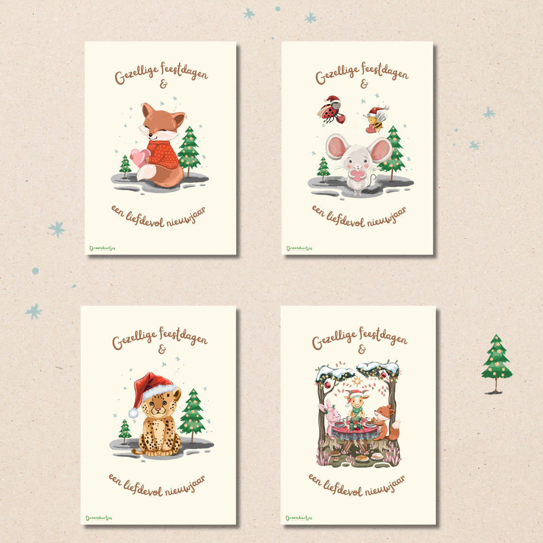Droomdiertjes Kerstkaarten – Set van 12 (4 ontwerpen)