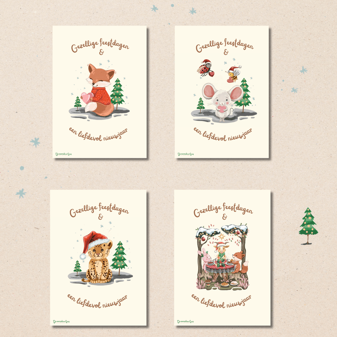 Droomdiertjes Kerstkaarten – Set van 12 (4 ontwerpen) - Droomdiertjes