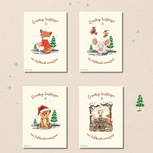 Droomdiertjes Kerstkaarten – Set van 12 (4 ontwerpen) - Droomdiertjes
